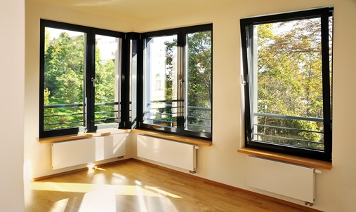 black windows in sunlit room