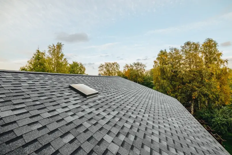A close-up shot of an asphalt roof with a skylight, the image demonstrates roof quality and style.