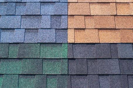 A close-up image shows four shingle swatches