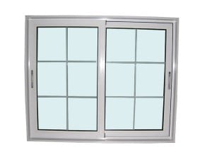 An image displays a white, dual-pane, sliding window.