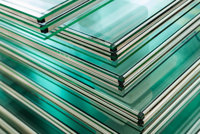 Stacked panes of green-tinted glass show the material used in box windows, with an emphasis on their thin profile and strength.