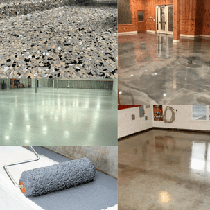 This image showcases four different flooring options for concrete surfaces.