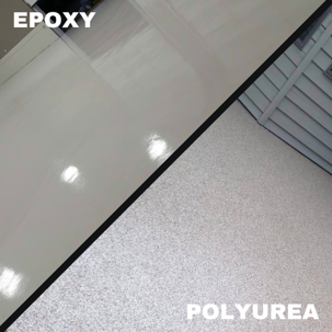 A split image compares epoxy and polyurea floor finishes, showcasing the glossy, smooth look of "EPOXY" versus the textured look of "POLYUREA".