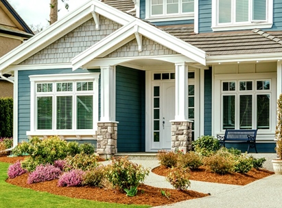 A house with blue siding and a small porch is shown.