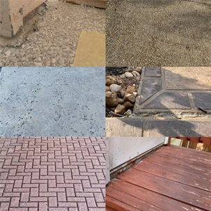 A collage shows six different types of ground surfaces, including pebbles, concrete, brick, and wood.