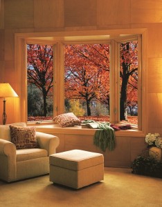 An indoor sitting area faces a wide bay window, showcasing fall foliage.
