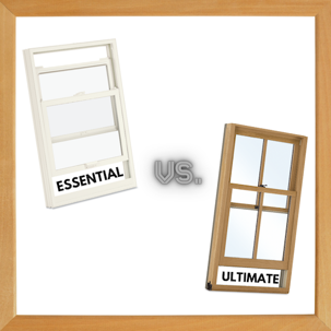 A window comparison shows a white "ESSENTIAL" window versus a wood "ULTIMATE" window, with a "VS." in the middle.