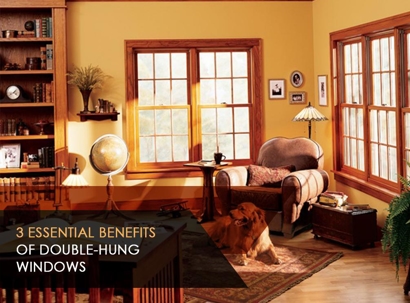 A cozy room with two double-hung windows is featured with text reading "3 ESSENTIAL BENEFITS OF DOUBLE-HUNG WINDOWS."
