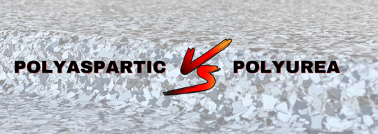 A comparison image on a website with the text "POLYASPARTIC vs POLYUREA", on a textured floor background.