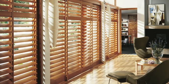 wooden plantation shutters covering windows.