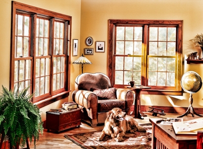 A cozy living room with wood-trimmed windows, an armchair, and a golden retriever.