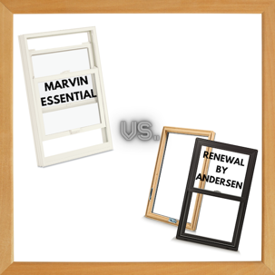 This image compares two window brands, "MARVIN ESSENTIAL" versus "RENEWAL BY ANDERSEN