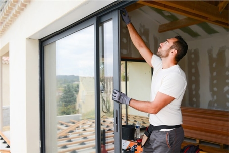 A man in gray gloves and a white shirt adjusts a new black framed sliding glass door.