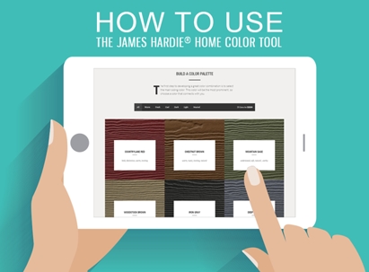 A graphic illustrating a James Hardie color tool is shown on a tablet held by two hands.
