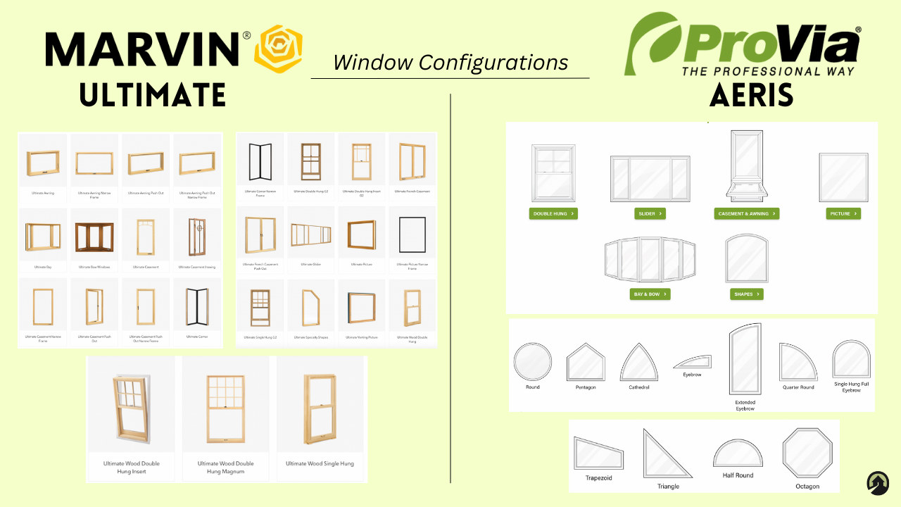 A comparison sheet of the Marvin Ultimate and ProVia Aeris window shapes and styles. 