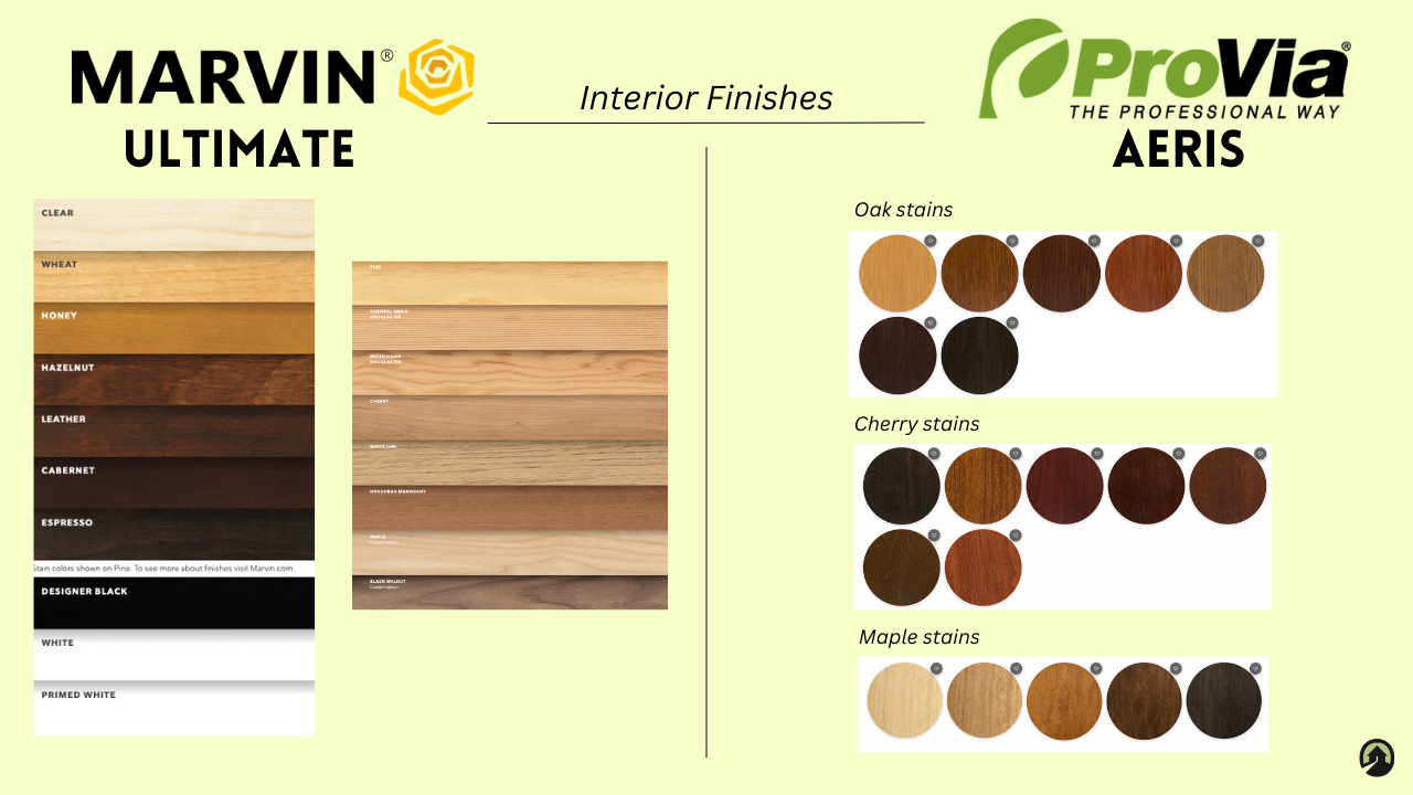 A comparison sheet of the Marvin Ultimate and ProVia Aeris window interior finish options.