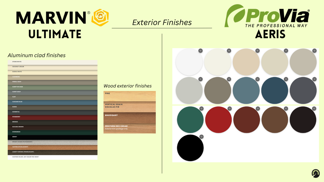 A comparison sheet of the Marvin Ultimate and ProVia Aeris window exterior finish options. 