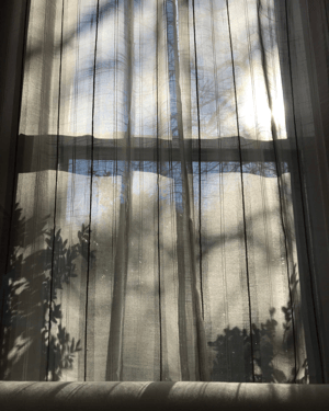 Sheer shades covering a window with sunlight coming through.