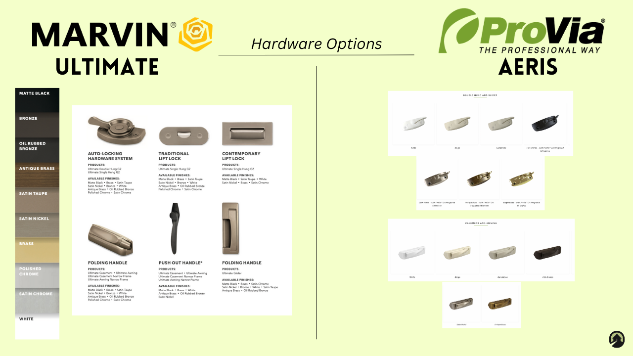 A comparison sheet of the Marvin Ultimate and ProVia Aeris window hardware options and finishes. 