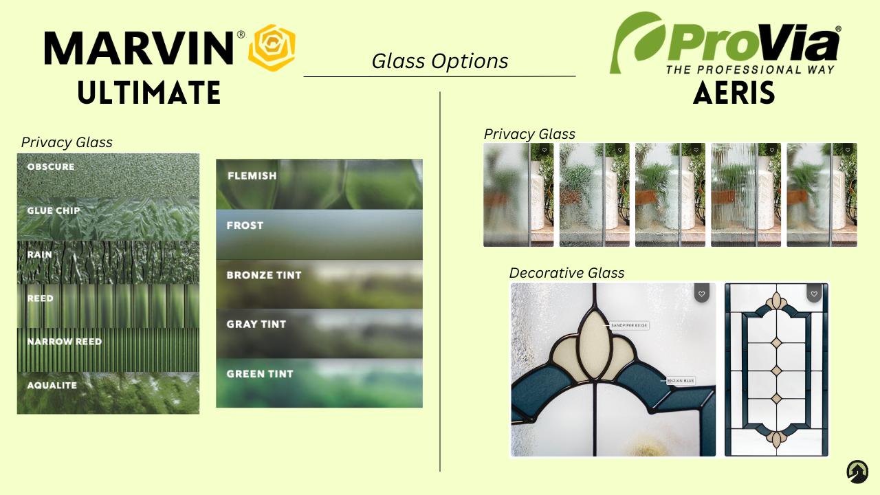 A comparison sheet of the Marvin Ultimate and ProVia Aeris window glass options.