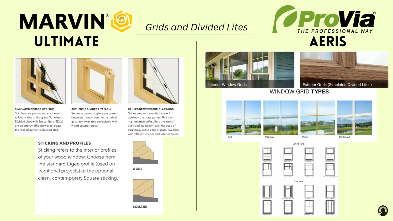 A comparison sheet of the Marvin Ultimate and ProVia Aeris window grid and divided lite options.