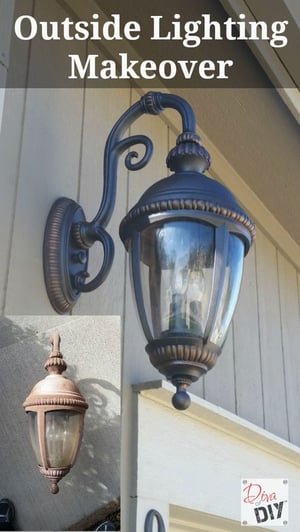 An outdoor light fixture attached to the exterior of a wall with a small before picture in the bottom left corner and the words "outdoor lighting makeover" at the top of the photo. 