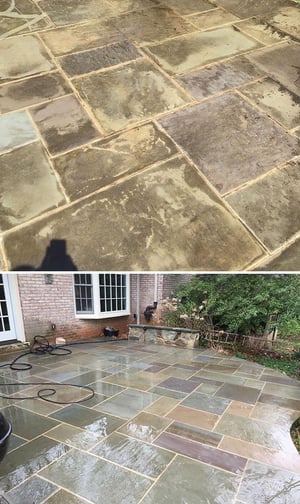 A before and after picture of a back tile patio that has been pressure washed.