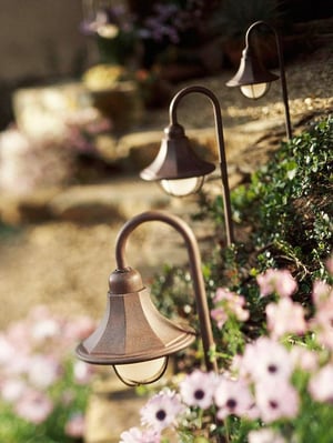 Arched lanterns sticking out of a garden bed along a walkway.
