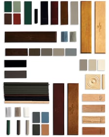A layout of different types of wood finishes and colors for a window frame against a white background.