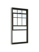 A double hung window in a dark wood color against a white background.