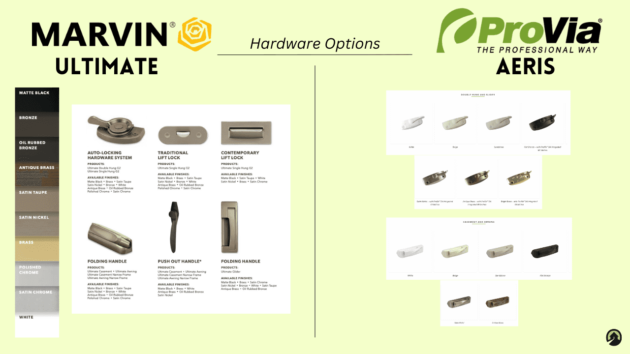 A comparison sheet of the Marvin Ultimate and ProVia Aeris window hardware options and finishes.