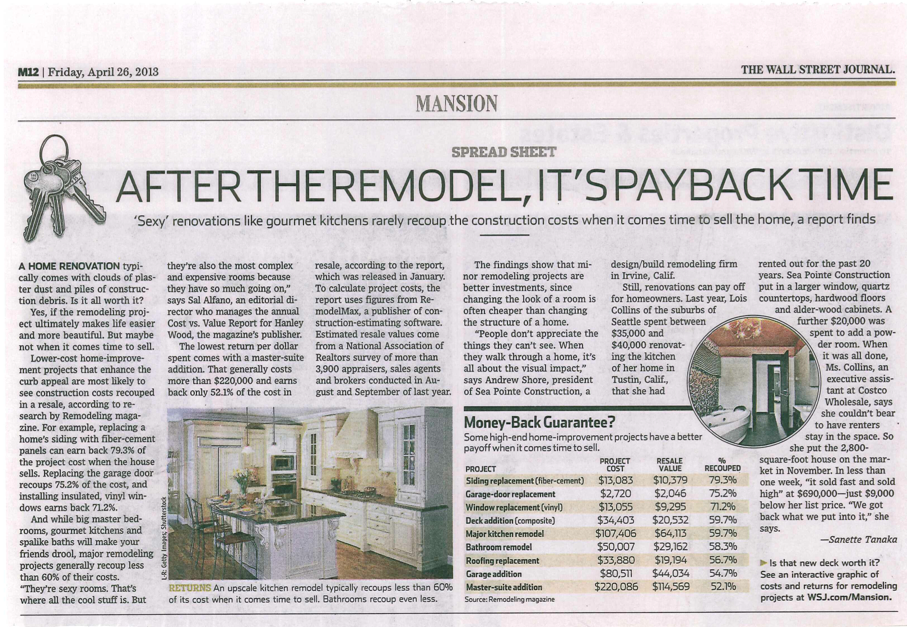 Wall Street Journal Remodeling Cost vs Value