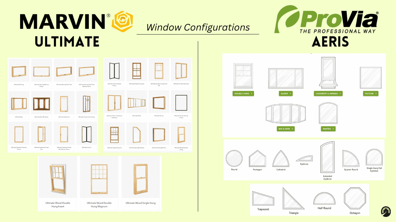 A comparison sheet of the Marvin Ultimate and ProVia Aeris window shapes and styles.