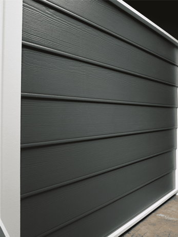 Navy blue beaded seam horizontal siding wall with a cedar finish.