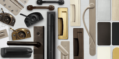 A collage of window and door hardware in different styles with different finishes like brushed bronz…