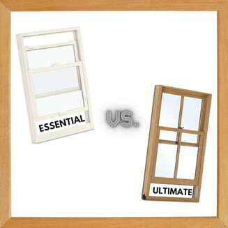 A graphic of two double hung windows, one white and one wood, with the words 