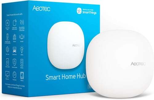 An Aeotec smart home hub outside of its box on display.