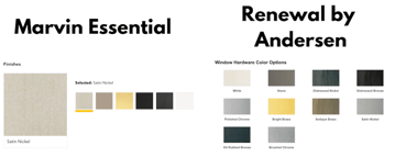 Marvin vs. RBA hardware colors The words Marvin and Renewal by Andersen with different colors for window hardware below.