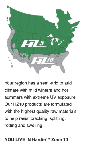A map of North America with the top half shaded green and the letters "HZ 5" on it. The Southern half is grey and labeled "HZ 10" to represent the zoning James Hardie uses for their fiber cement siding.
