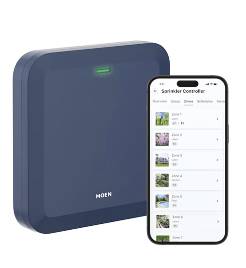 A smart sprinkler system hub with a smartphone next to it displaying the controls on the app.