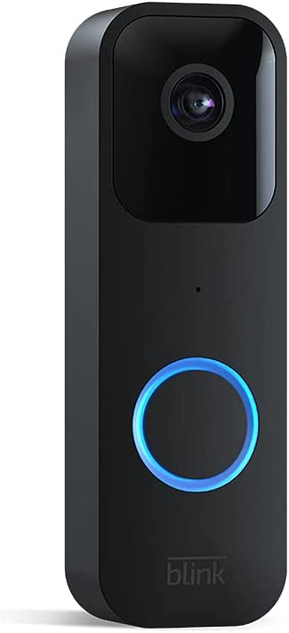 A black Blink smart doorbell.
