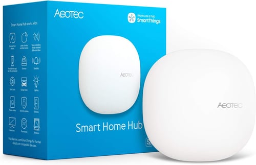 An Aeotec smart home hub outside of its box on display.