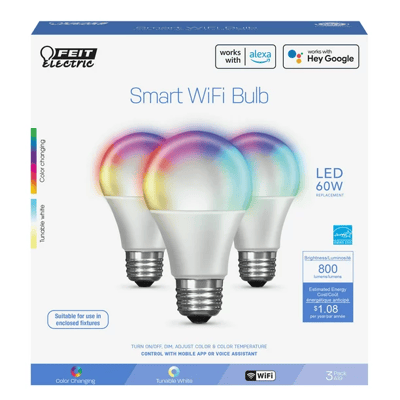A package of three smart wifi bulbs with multiple colors on the light bulbs on the packaging as well as details of the bulbs. 