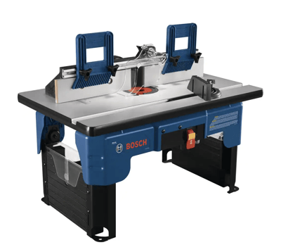A Bosch table saw that is blue and gray with the Bosch logo on the front. 