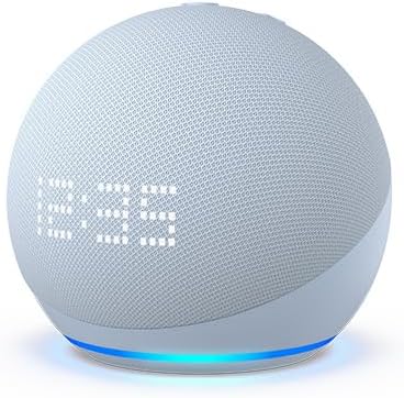 A light grey Amazon Alexa speaker with the time displayed.