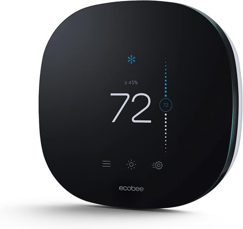 A black Ecobee smart thermostat.