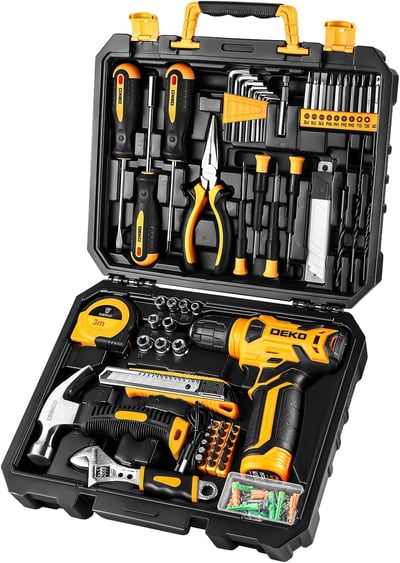 A black and yellow tool kit with tools like a hammer, pliers, drills, and wrenches. 