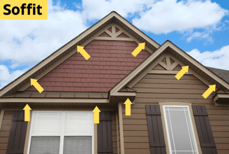 The top half of a home with yellow arrows pointing to the soffit of the roofline. 