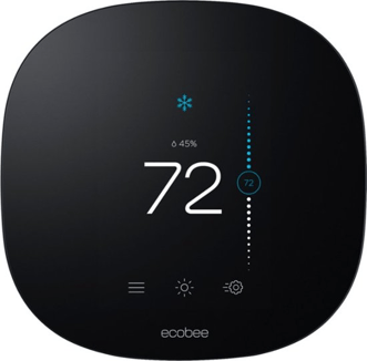 An ecobee smart thermostat that reads 72 degrees on the monitor. 