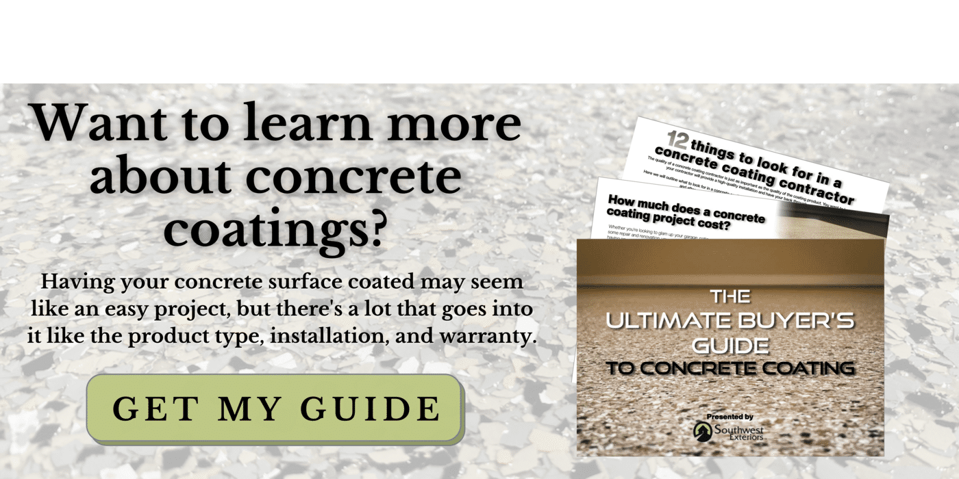 A button with a colored concrete coating background that says &quot;want to learn more about concrete coatings? Having your concrete surface coated may seem like an easy project, but there's a lot that goes into it like the product type, installation, and warranty. Get my guide&quot; and a preview of the guide.